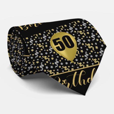 50th Birthday Gold On Black With Confetti Neck Tie