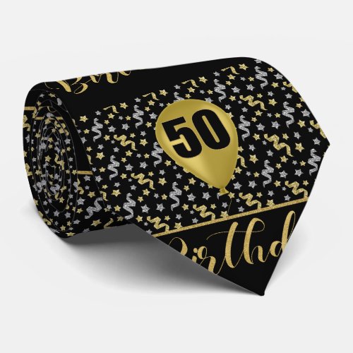 50th Birthday Gold on Black with Confetti Neck Tie