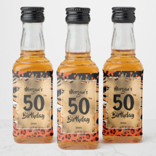 50th Birthday Gold on Brown Animal Print Mini Liquor Bottle Label