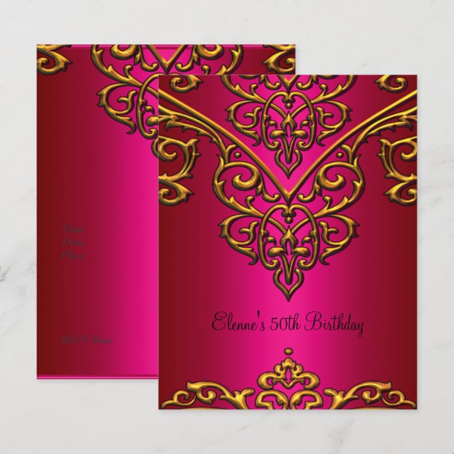 50th Birthday Gold Overlay on Rich Pink Invitation (Front/Back)