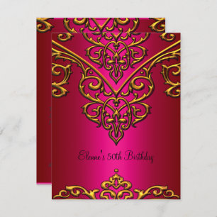50th Birthday Gold Overlay on Rich Pink Invitation