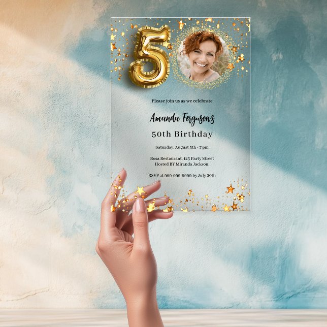 50th birthday gold photo stars clear acrylic invitations (Creator Uploaded)
