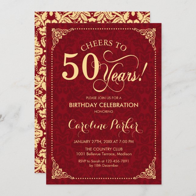 50th Birthday - Gold Red Damask Invitation (Front/Back)