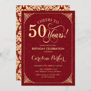 50th Birthday - Gold Red Damask Invitation