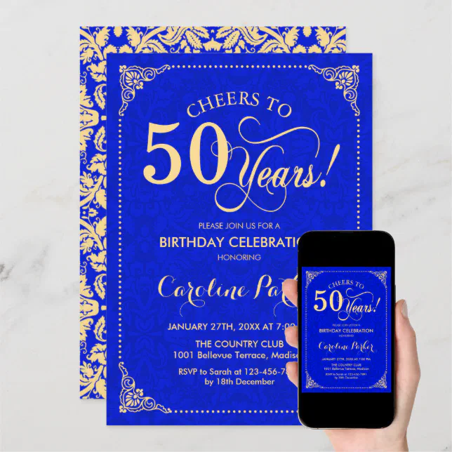 50th Birthday - Gold Royal Blue Damask Invitation | Zazzle