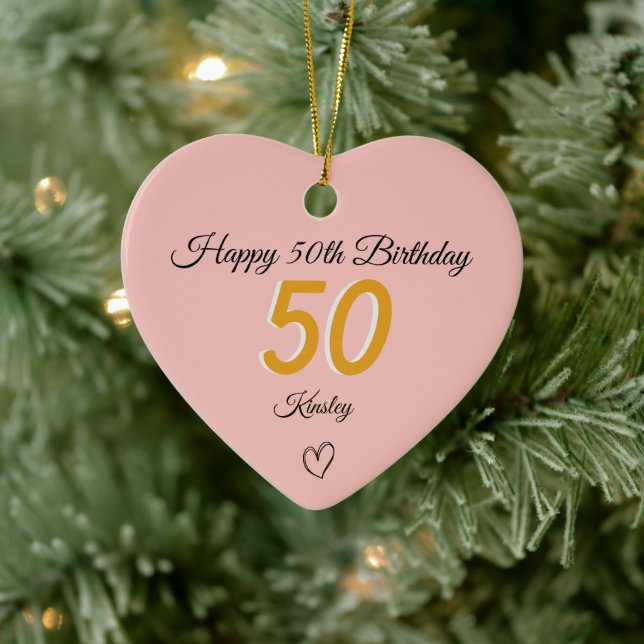 50th Birthday Gold Shadow Monogram heart Ceramic Ornament (Tree)