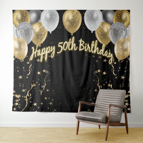 50th Birthday Gold Silver Black Balloons Tapestry