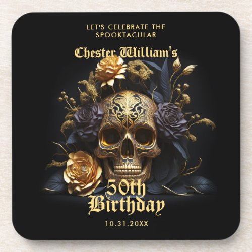 50TH BIRTHDAY GOLD SKULL ROSE HALLOWEEN PARTY  BEVERAGE COASTER