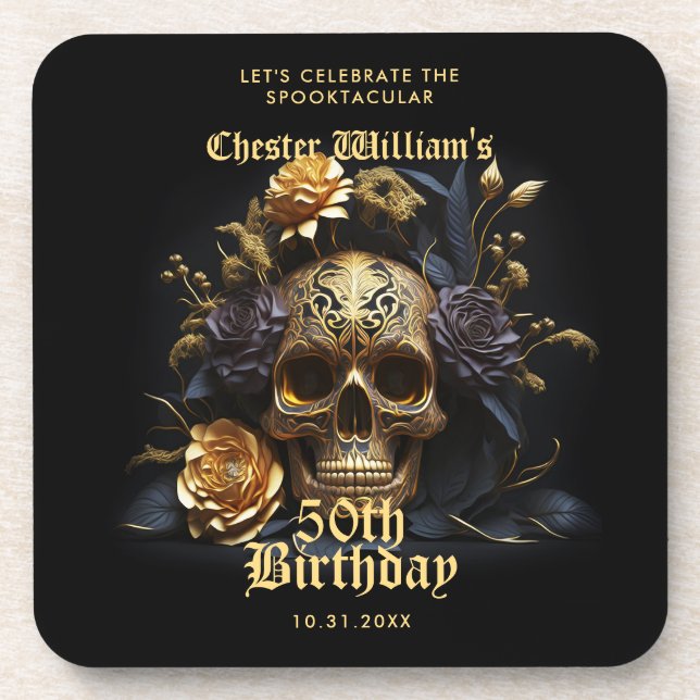 50TH BIRTHDAY GOLD SKULL ROSE HALLOWEEN PARTY  BEVERAGE COASTER (Front)