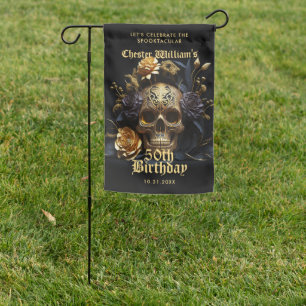 50TH BIRTHDAY GOLD SKULL ROSE HALLOWEEN PARTY  GARDEN FLAG