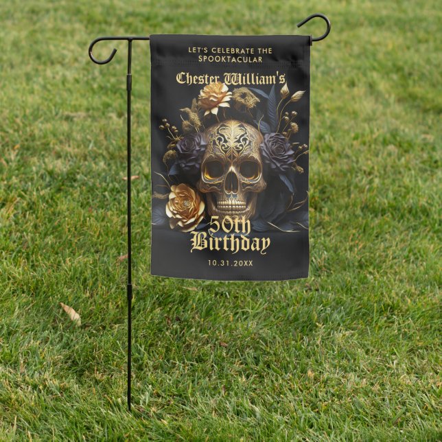 50TH BIRTHDAY GOLD SKULL ROSE HALLOWEEN PARTY  GARDEN FLAG (In SItu)