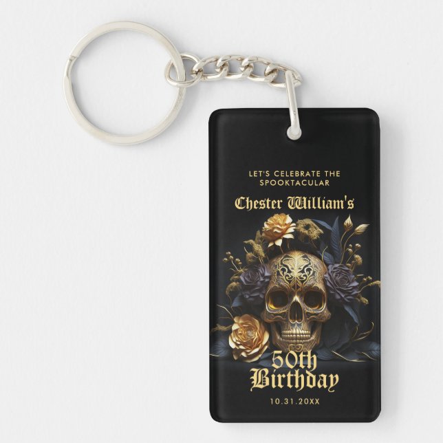50TH BIRTHDAY GOLD SKULL ROSE HALLOWEEN PARTY KEYCHAIN (Front)