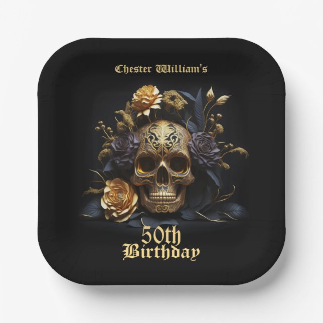 50TH BIRTHDAY GOLD SKULL ROSE HALLOWEEN PARTY  PAPER PLATES (Front)