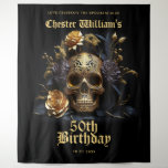 50TH BIRTHDAY GOLD SKULL ROSE HALLOWEEN PARTY SIGN TAPESTRY<br><div class="desc">Celebrate in style with our striking "50th Birthday Black Gold Sugar Skull" Halloween party sign. Featuring a captivating design with elegant black and gold roses intertwined with a bold sugar skull, this sets the perfect tone for your milestone celebration. Whether it's a spooky soirée or a glamorous gathering, this sign...</div>
