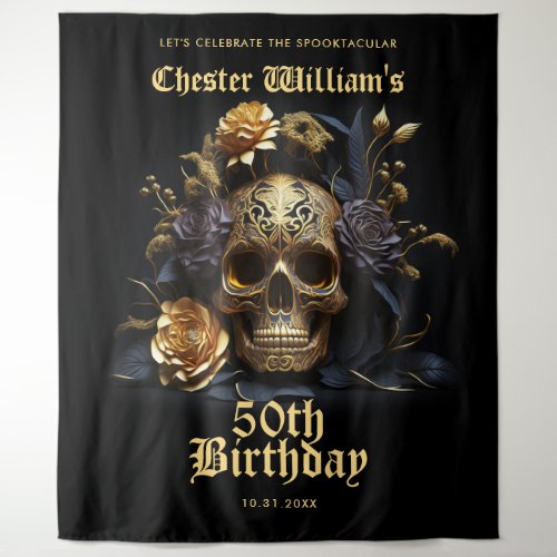 50TH BIRTHDAY GOLD SKULL ROSE HALLOWEEN PARTY SIGN TAPESTRY