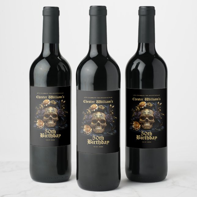 50TH BIRTHDAY GOLD SKULL ROSE HALLOWEEN PARTY WINE LABEL (Bottles)