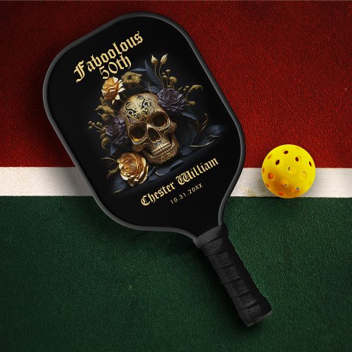 50TH BIRTHDAY GOLD SKULL ROSE HALLOWEEN PICKLEBALL PADDLE