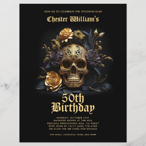 50TH BIRTHDAY GOLD SKULL ROSES HALLOWEEN PARTY  FLYER