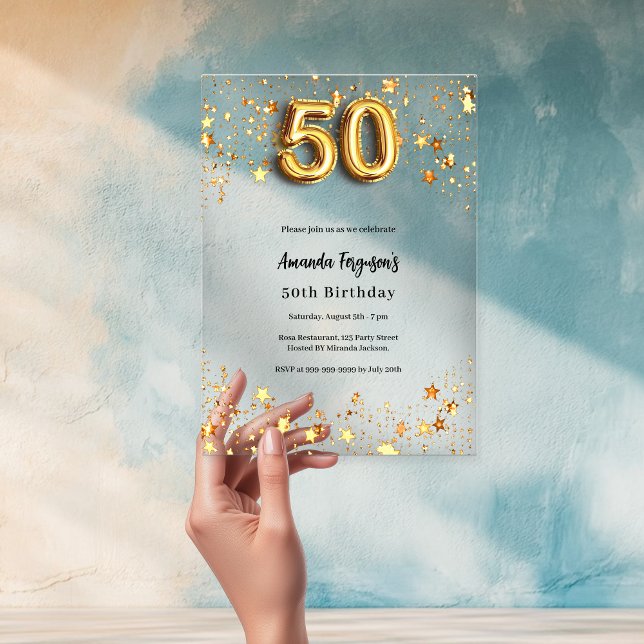 50th birthday gold stars clear acrylic invitations (Creator Uploaded)