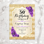 50th Birthday - Gold Stripes Purple Roses Invitation<br><div class="desc">50th Birthday Invitation. Elegant design in gold and purple. Features faux glitter gold stripes,  purple roses stylish script font and confetti. Perfect for a glam birthday party.</div>