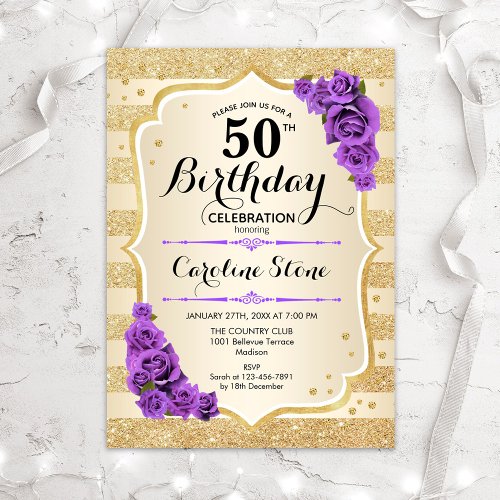 50th Birthday _ Gold Stripes Purple Roses Invitation