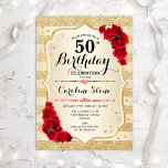 50th Birthday - Gold Stripes Roses Invitation<br><div class="desc">50th Birthday Invitation. Elegant design in gold and red. Features faux glitter gold stripes,  red roses stylish script font and confetti. Perfect for a glam birthday party.</div>