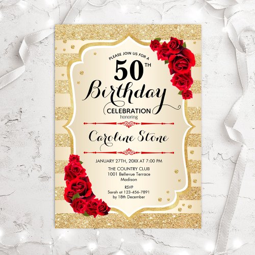 50th Birthday _ Gold Stripes Roses Invitation