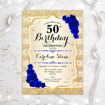 50th Birthday - Gold Stripes Royal Blue Roses Invitation<br><div class="desc">50th Birthday Invitation. Elegant design in gold and royal blue. Features faux glitter gold stripes,  sapphire roses stylish script font and confetti. Perfect for a glam birthday party.</div>