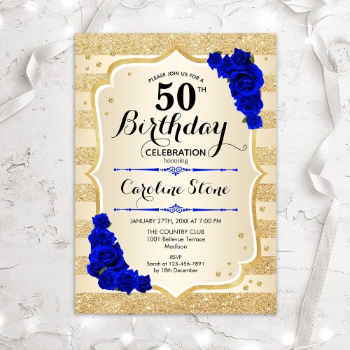 50th Birthday _ Gold Stripes Royal Blue Roses Invitation