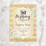 50th Birthday - Gold Stripes White Roses Invitation<br><div class="desc">50th Birthday Invitation. Elegant floral design in gold and white. Features faux glitter gold stripes,  white roses stylish script font and confetti. Perfect for a glam birthday party.</div>
