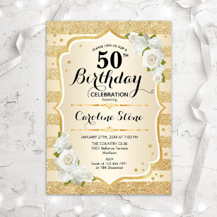 50th Birthday - Gold Stripes White Roses Invitation