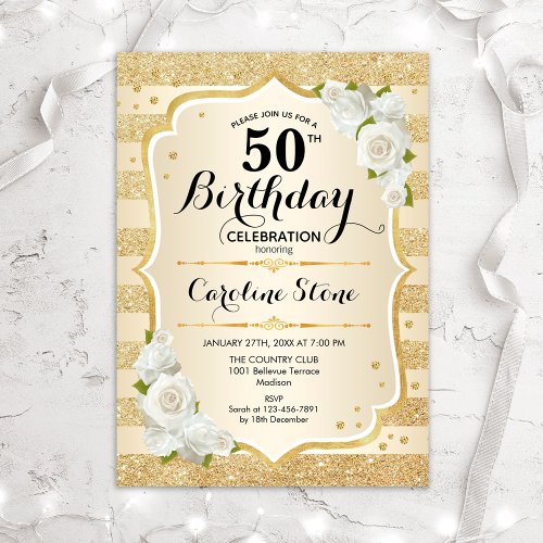 50th Birthday _ Gold Stripes White Roses Invitation