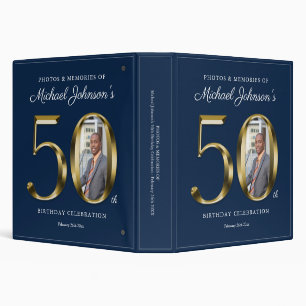 50th Birthday Gold Text Navy Blue Custom Photo 3 Ring Binder