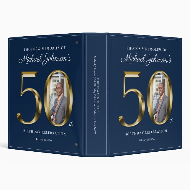 50th Birthday Gold Text Navy Blue Custom Photo 3 Ring Binder (Background)