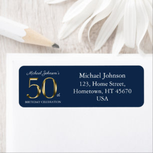 50th Birthday Gold Text Navy Blue Return Address Label