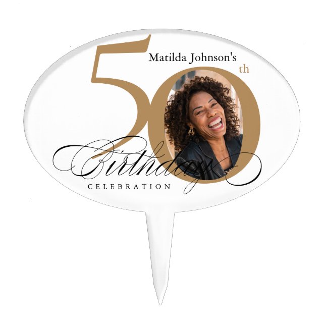 50th Birthday Gold White Calligraphy Custom Photo Cake Topper (Front)