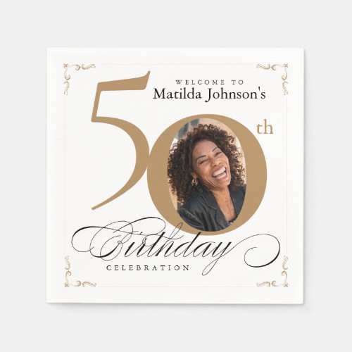 50th Birthday Gold White Calligraphy Custom Photo Napkins