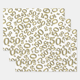 50th Birthday Gold & White Random Number Pattern Wrapping Paper Sheets