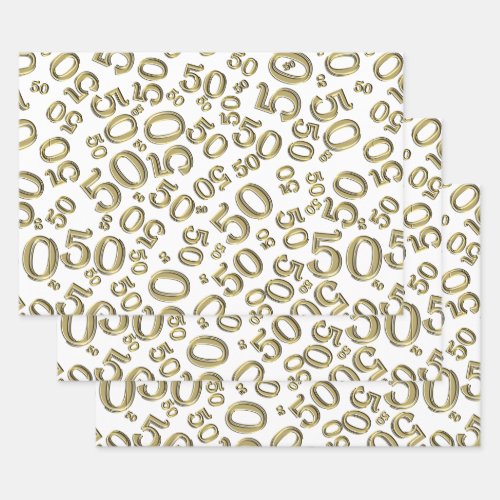 50th Birthday Gold  White Random Number Pattern Wrapping Paper Sheets