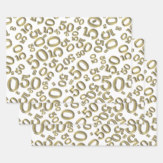 50th Birthday Gold & White Random Number Pattern Wrapping Paper Sheets (Set)