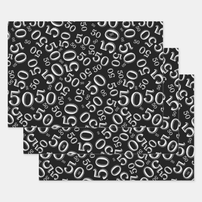 50th Birthday Gold & White Random Number Pattern Wrapping Paper Sheets (Set)