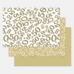 50th Birthday Gold & White Random Number Pattern Wrapping Paper Sheets