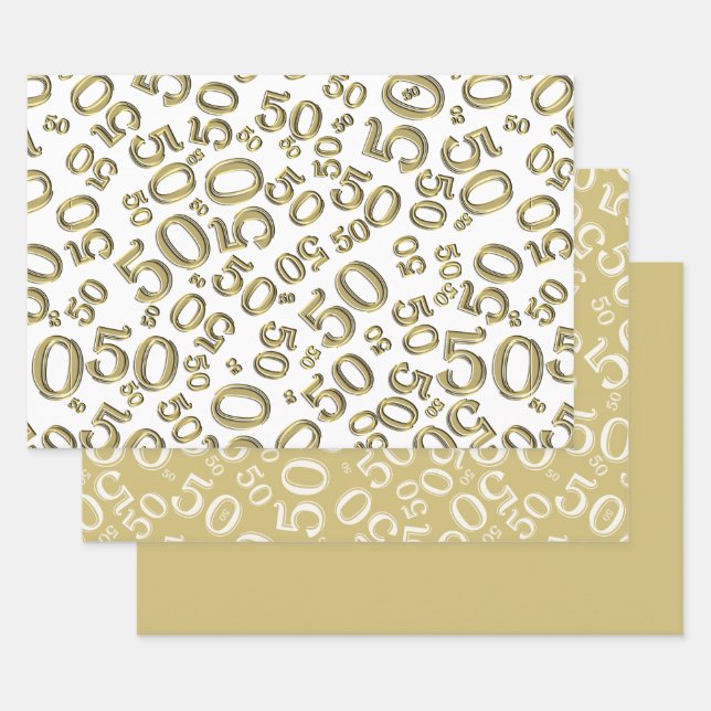 50th Birthday Gold & White Random Number Pattern Wrapping Paper Sheets (Set)