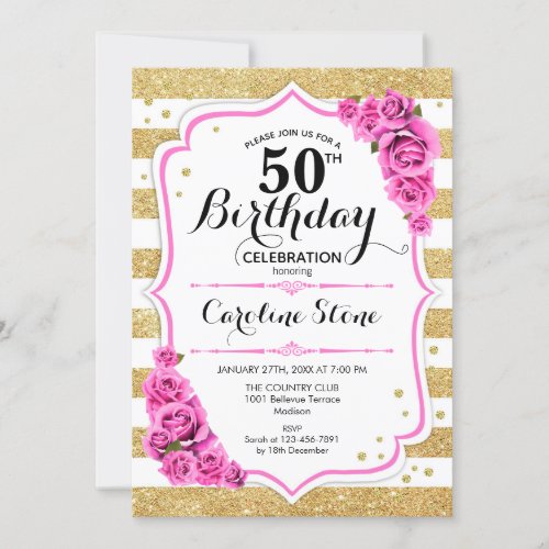 50th Birthday _ Gold White Stripes Pink Roses Invitation