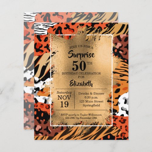 50th Birthday Gold Wild Animal Print Invitations