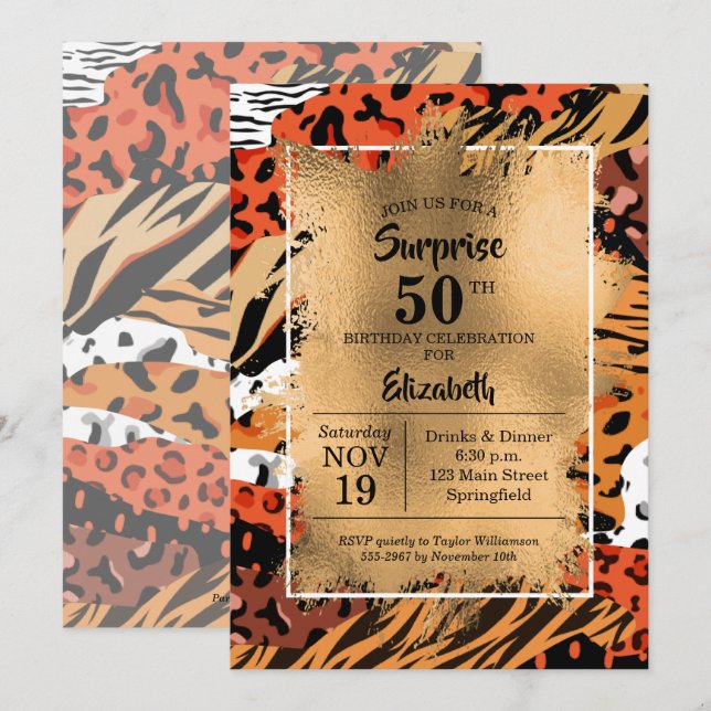 50th Birthday Gold Wild Animal Print Invitations (Front/Back)