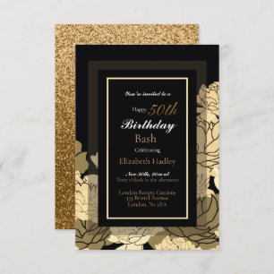 50th birthday gold, yellow & tan rose  card