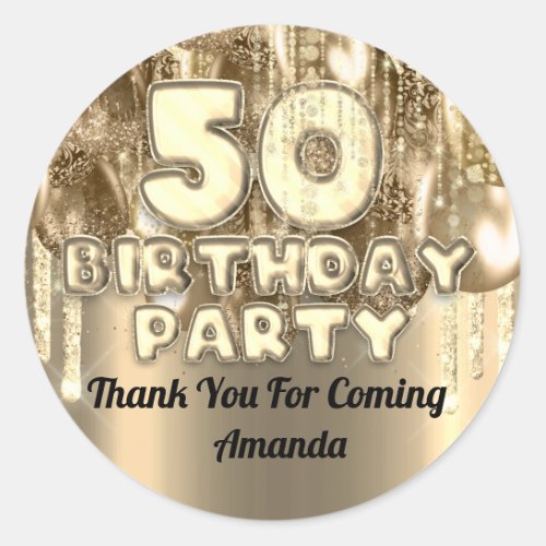50th birthday GOLDen  BALLONS Thank you for coming Classic Round Sticker
