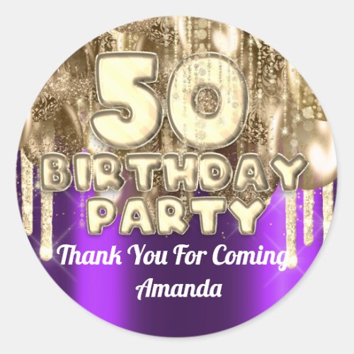 50th birthday GOLDen  BALLONS Thank you for Purple Classic Round Sticker