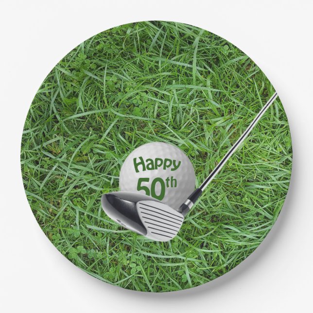 50th Birthday Golf Ball and Club Paper Plates (Front)